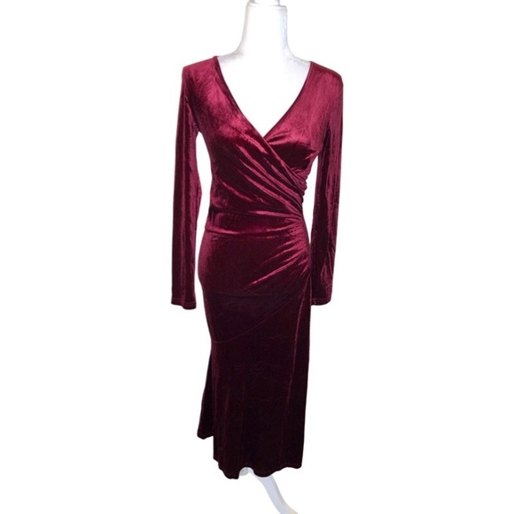 Zaberry Wine Red Velour Velvet Wrap Stretch Mermaid Midi Dress Valentine’s Day - Picture 3 of 14